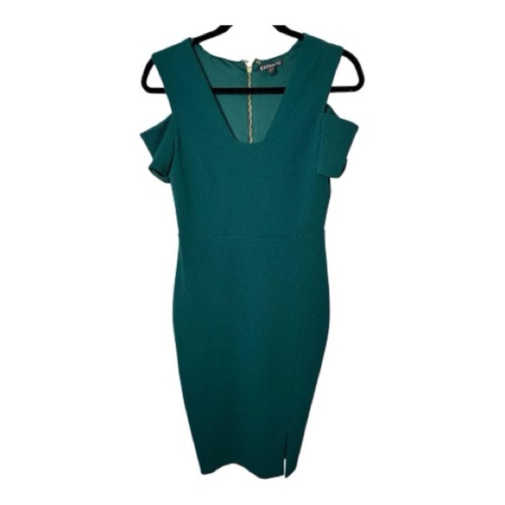 Express Green Cold Shoulder Knee Length Dress Gold Back Zipper 4